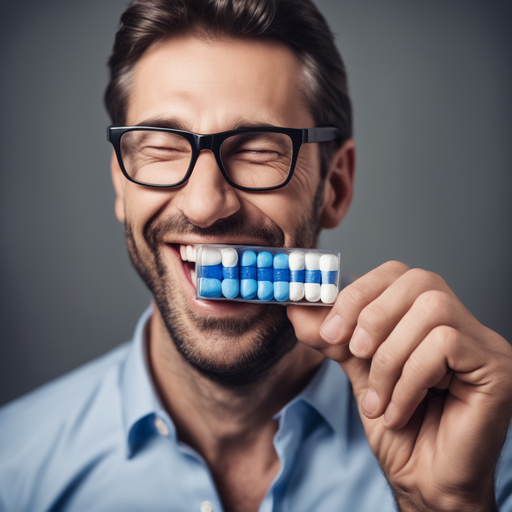 Un uomo sorridente che tiene in mano una scatola di Viagra, simboleggiando la sua soddisfazione per il trattamento della disfunzione erettile.